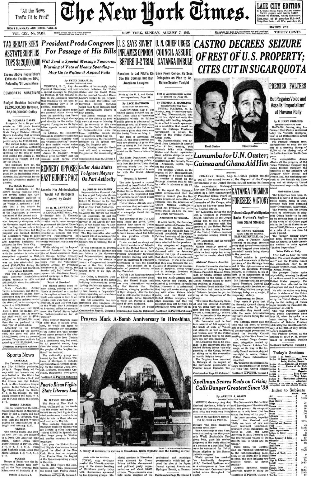 Sunday, August 7, 1960 – The New York Times Front Page