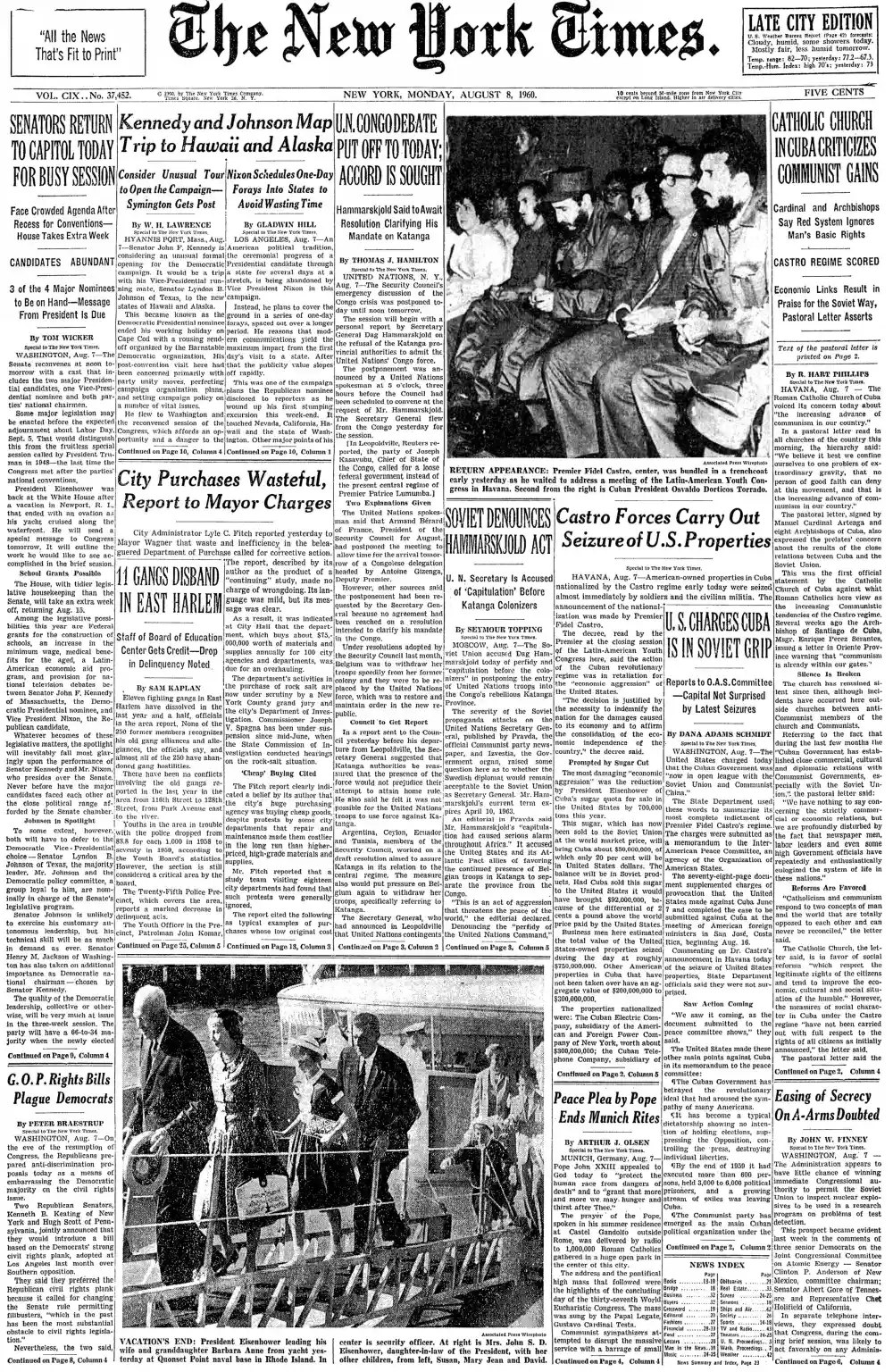 Monday, August 8, 1960 – The New York Times Front Page