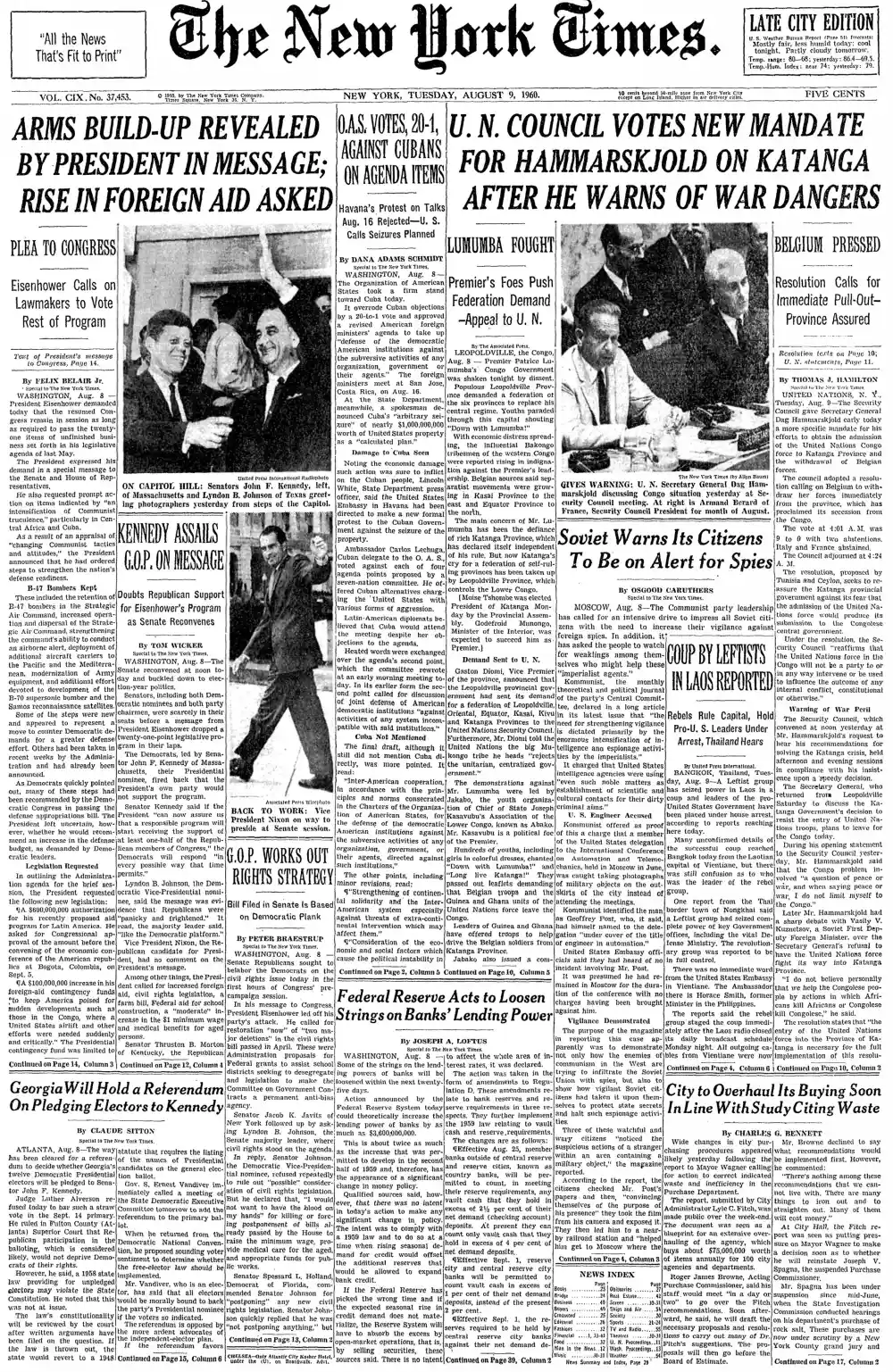 Tuesday, August 9, 1960 – The New York Times Front Page