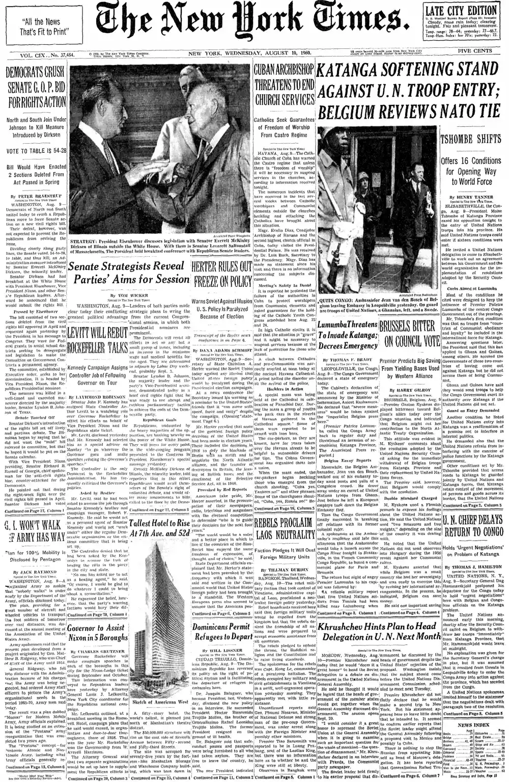 Wednesday, August 10, 1960 – The New York Times Front Page