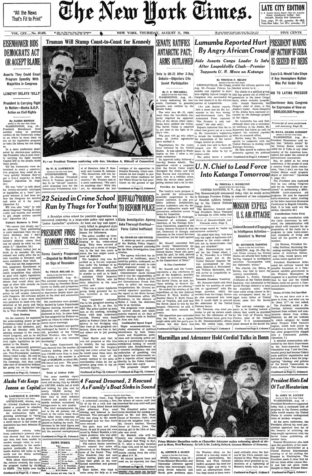 Thursday, August 11, 1960 – The New York Times Front Page