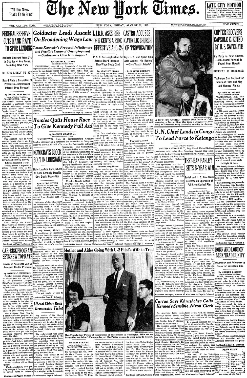 Friday, August 12, 1960 – The New York Times Front Page