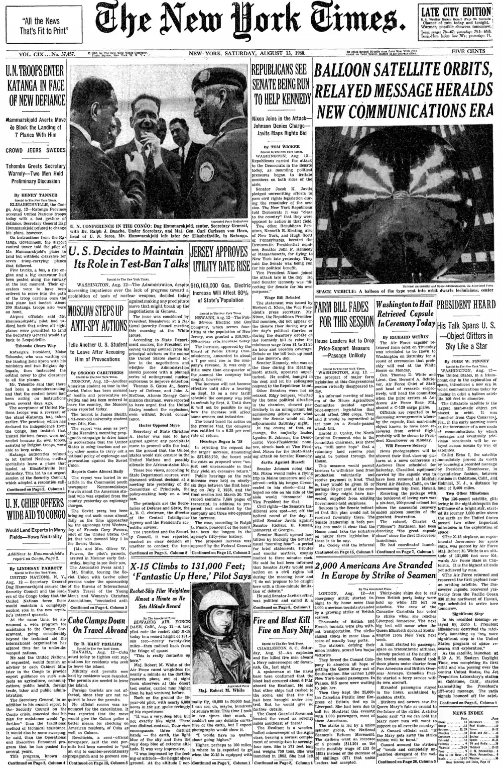 Saturday, August 13, 1960 – The New York Times Front Page