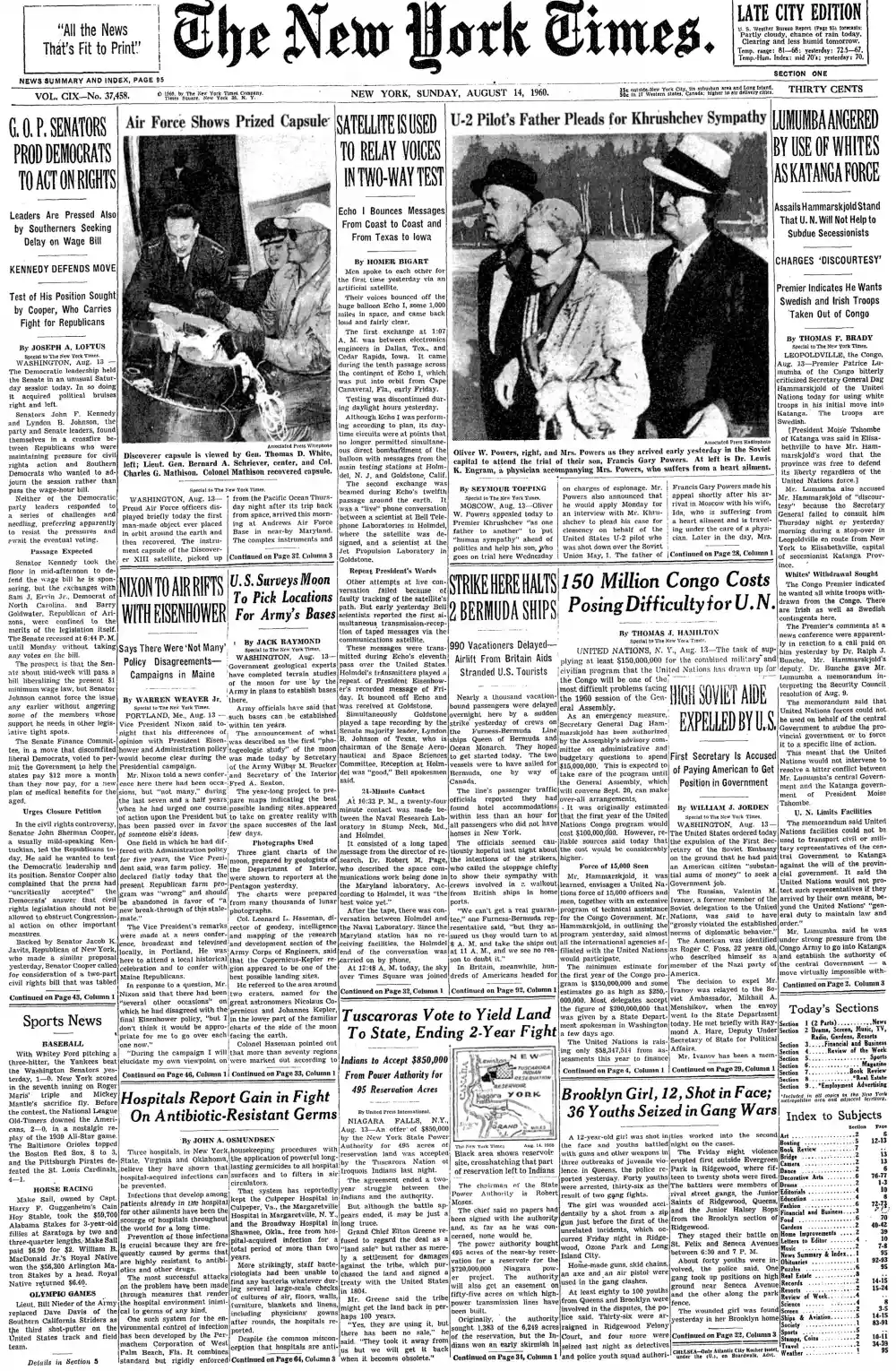 Sunday, August 14, 1960 – The New York Times Front Page