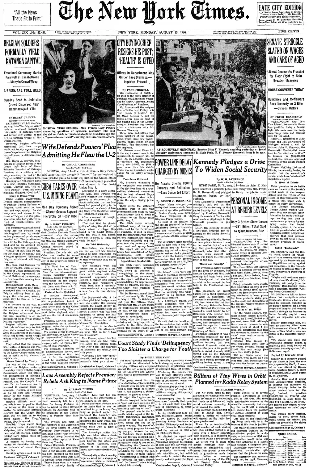 Monday, August 15, 1960 – The New York Times Front Page