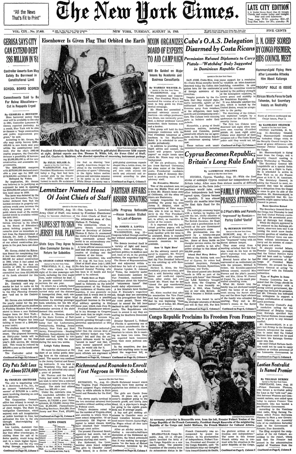 Tuesday, August 16, 1960 – The New York Times Front Page