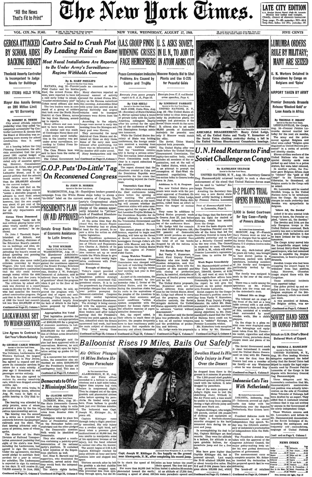 Wednesday, August 17, 1960 – The New York Times Front Page