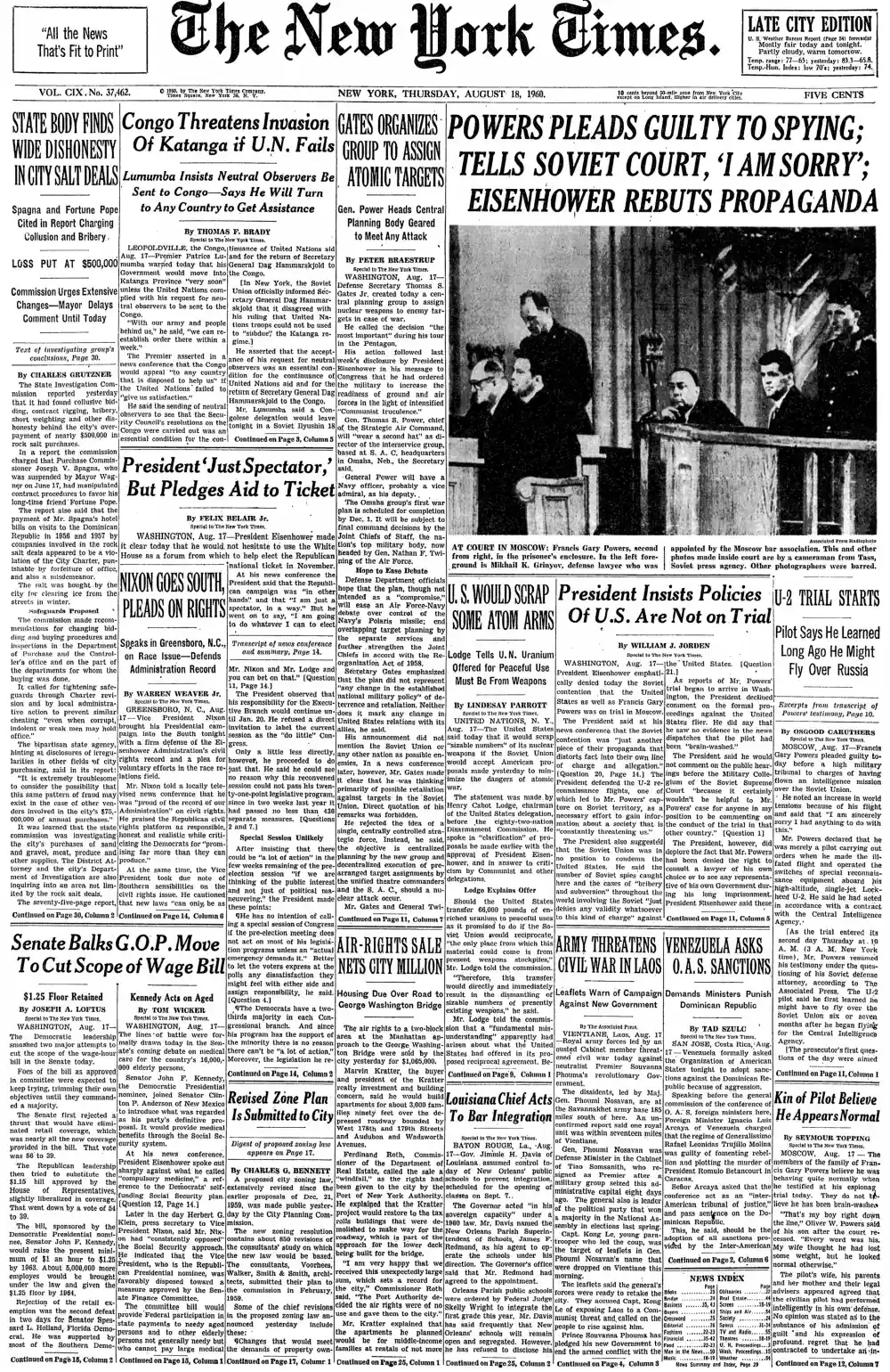 Thursday, August 18, 1960 – The New York Times Front Page