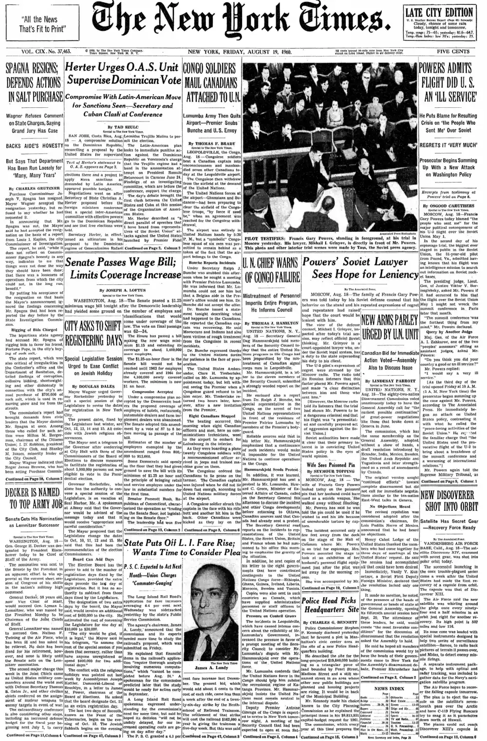 Friday, August 19, 1960 – The New York Times Front Page