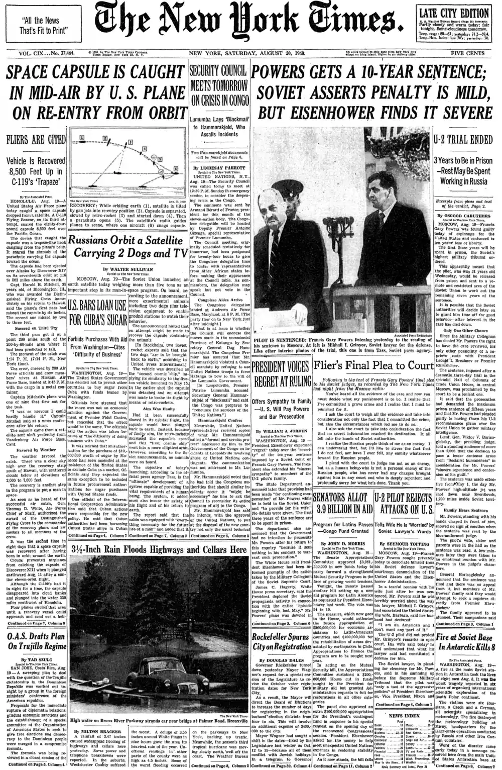 Saturday, August 20, 1960 – The New York Times Front Page
