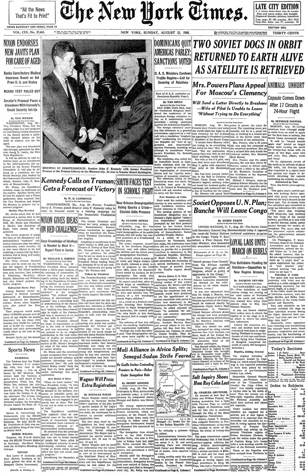 Sunday, August 21, 1960 – The New York Times Front Page