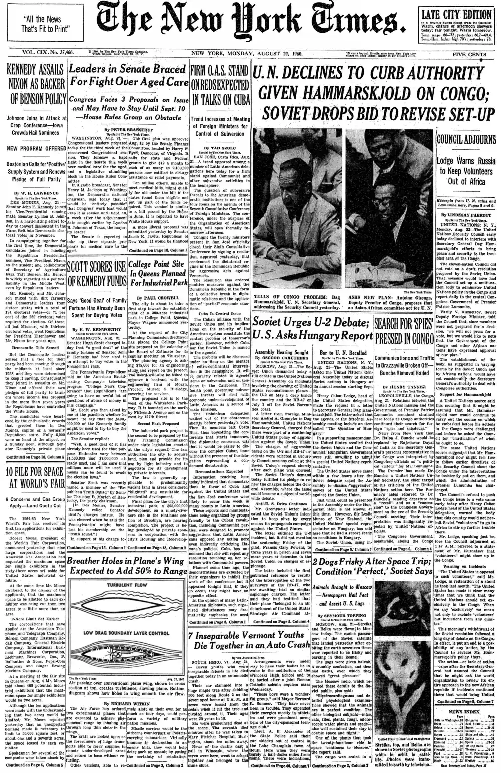 Monday, August 22, 1960 – The New York Times Front Page