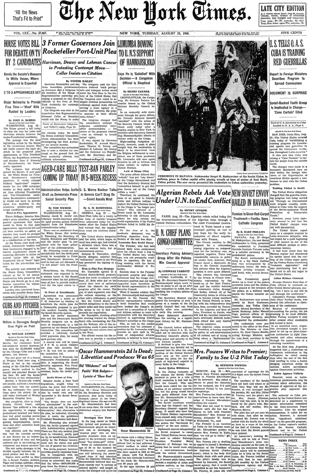 Tuesday, August 23, 1960 – The New York Times Front Page
