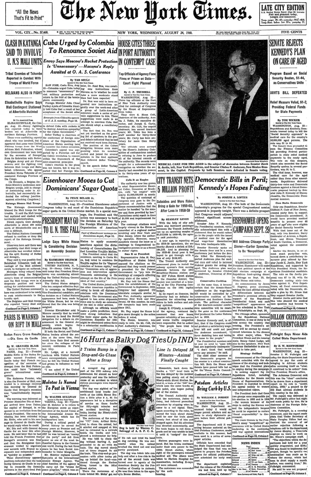 Wednesday, August 24, 1960 – The New York Times Front Page