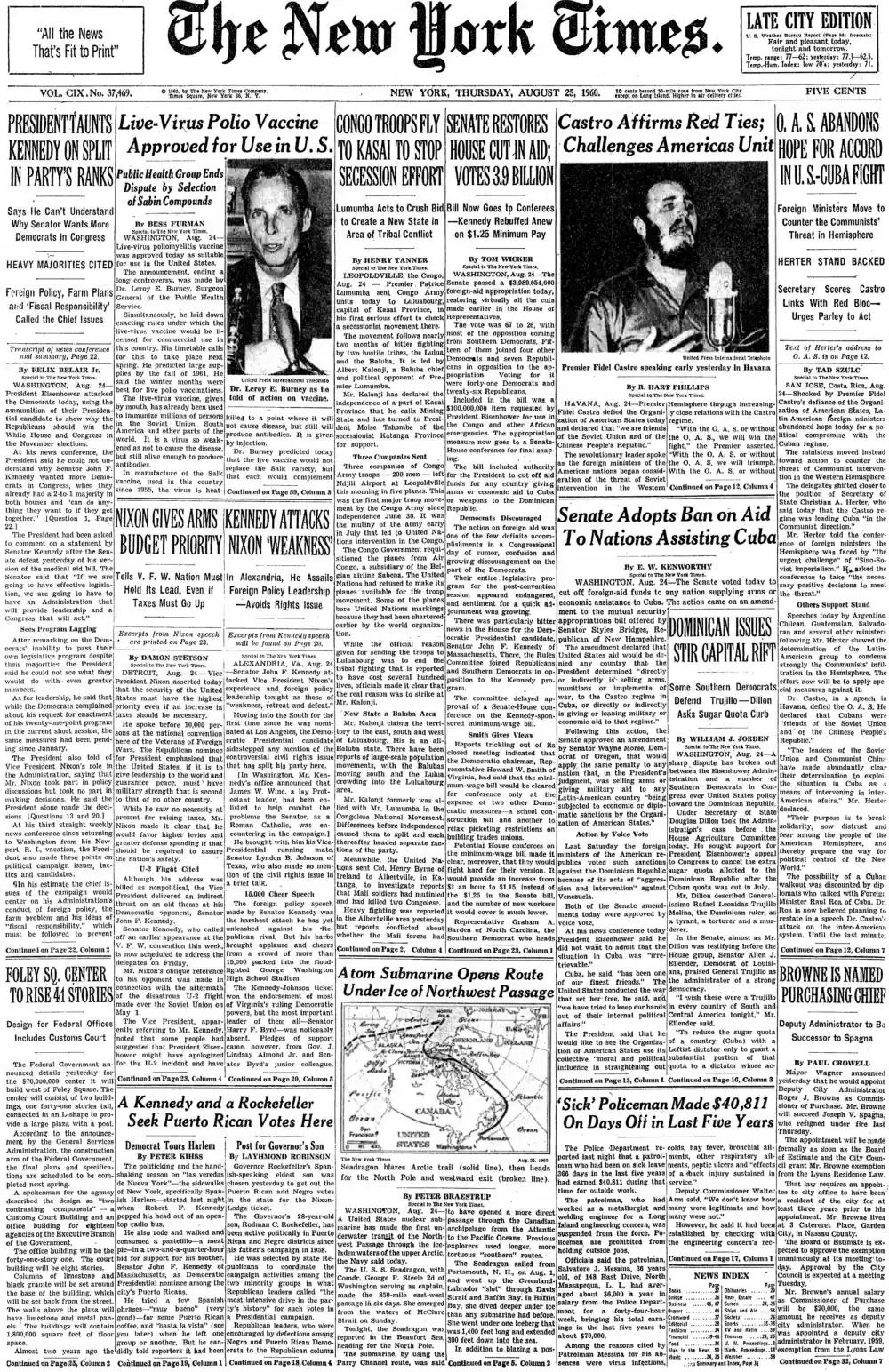 Thursday, August 25, 1960 – The New York Times Front Page