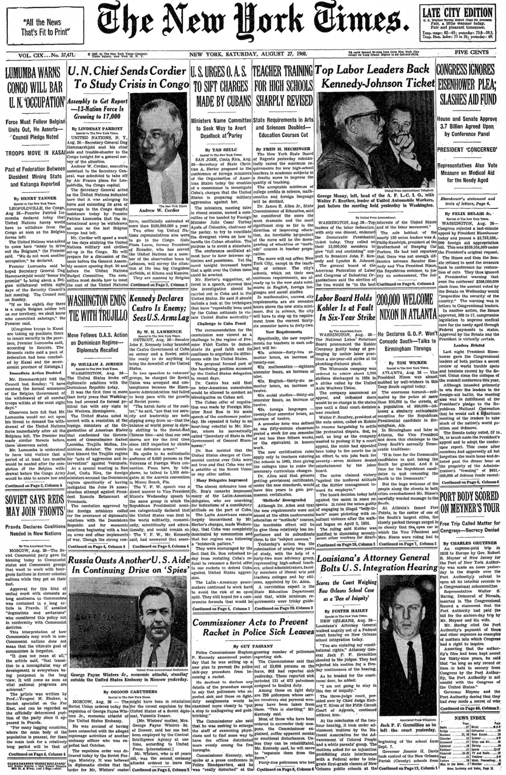 Saturday, August 27, 1960 – The New York Times Front Page