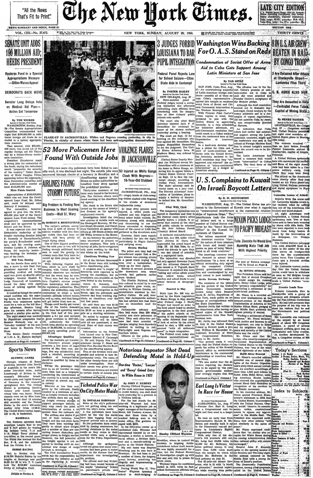 Sunday, August 28, 1960 – The New York Times Front Page