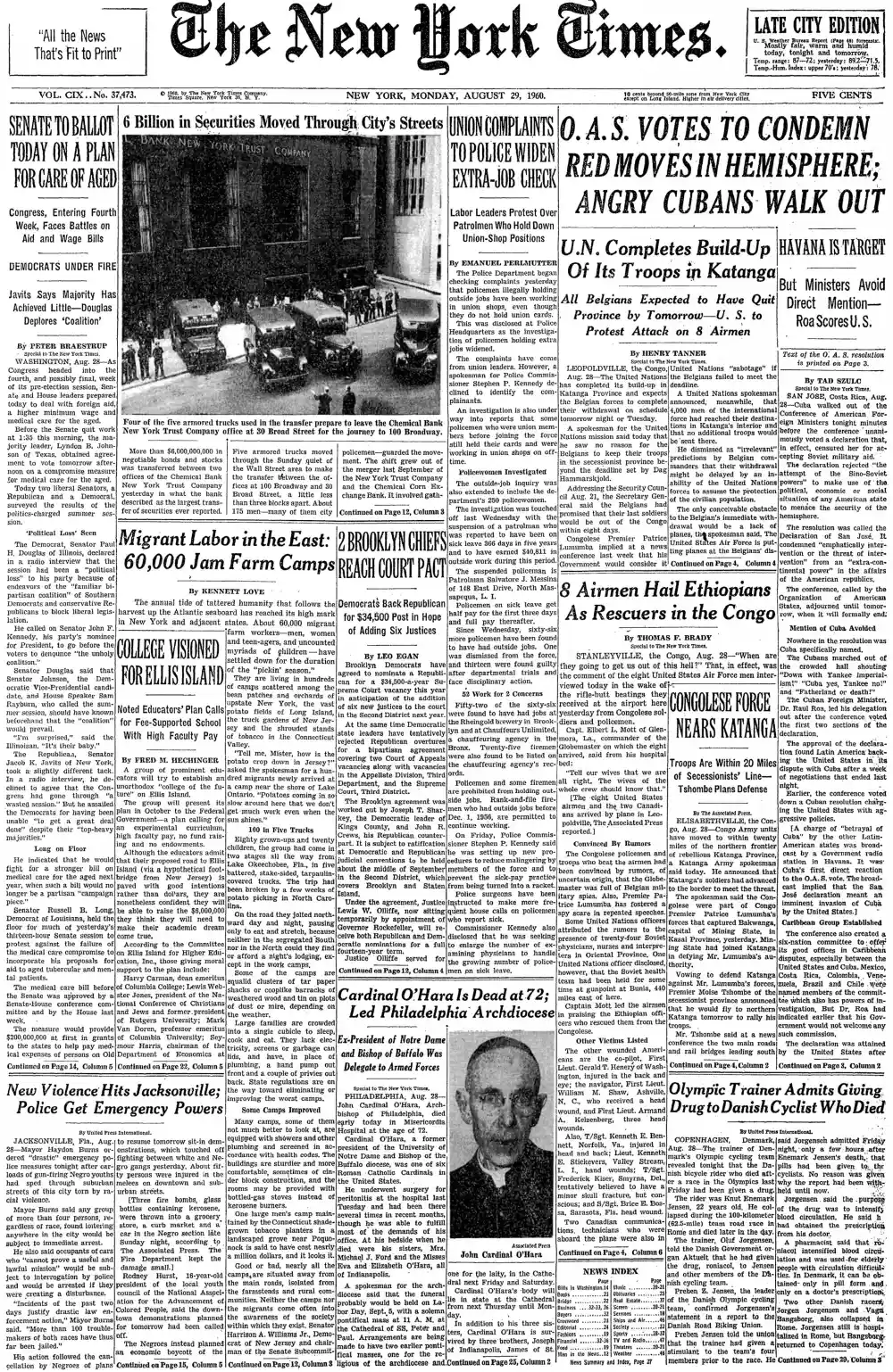 Monday, August 29, 1960 – The New York Times Front Page