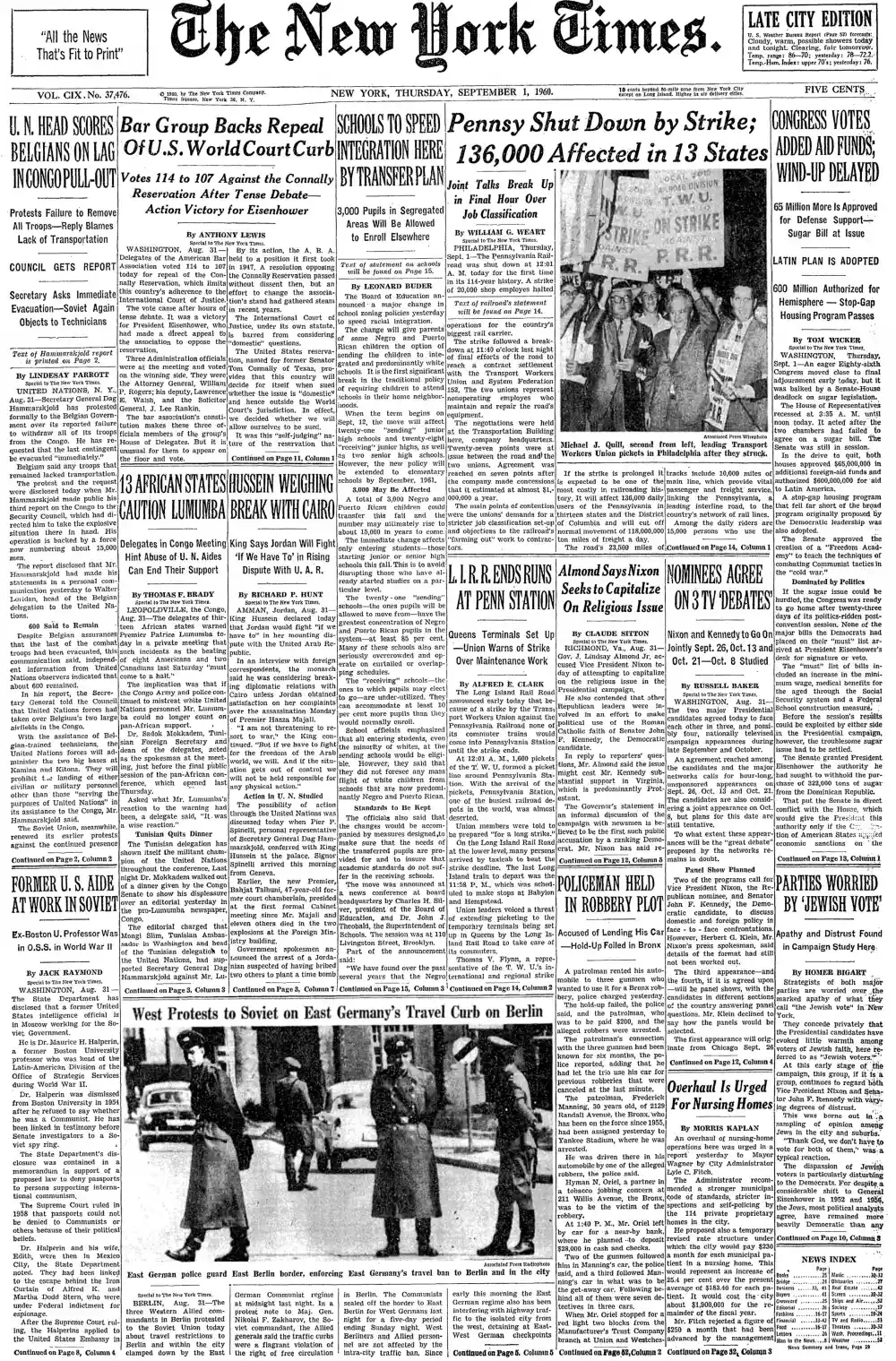 Thursday, September 1, 1960 – The New York Times Front Page