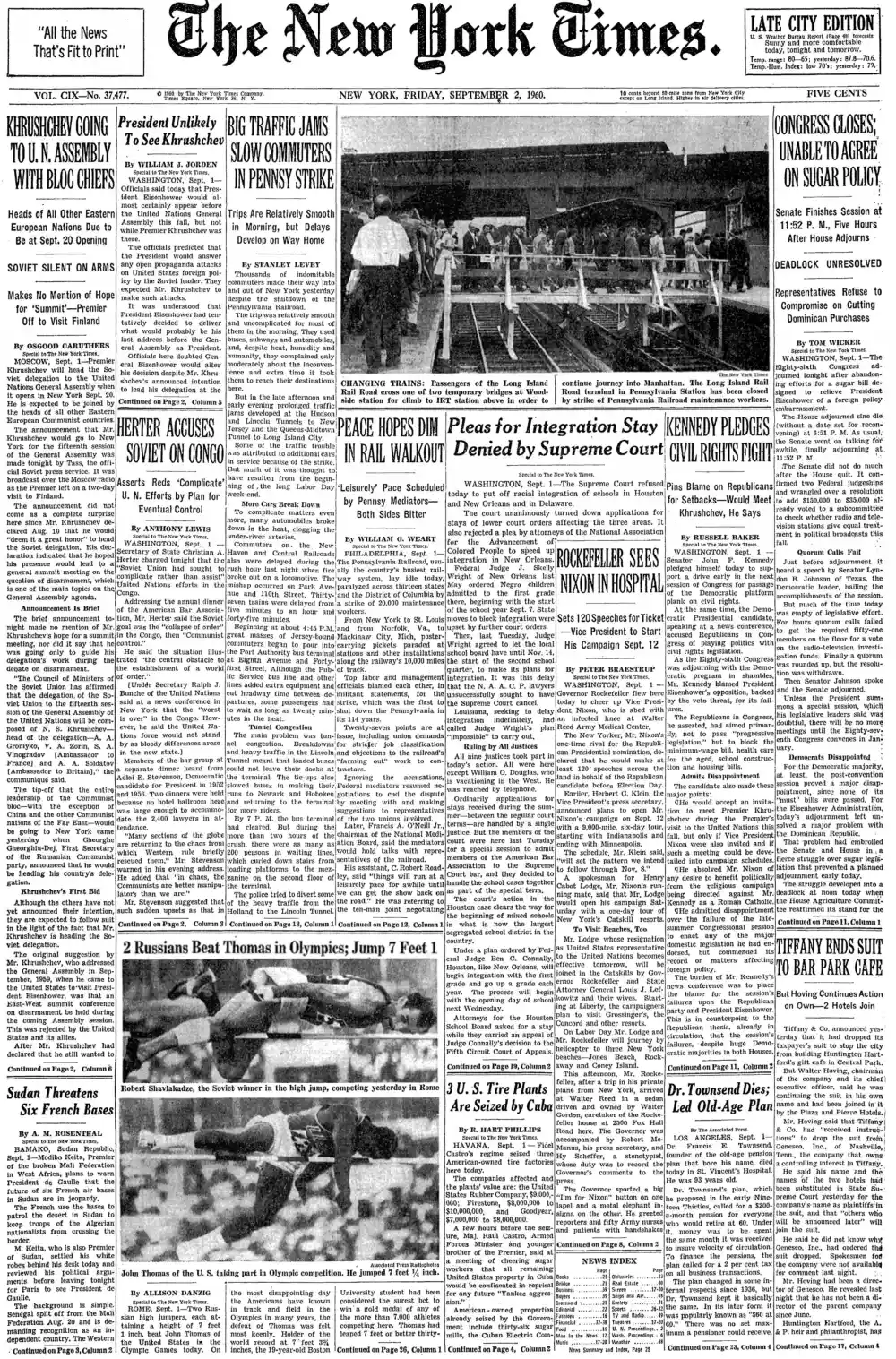 Friday, September 2, 1960 – The New York Times Front Page