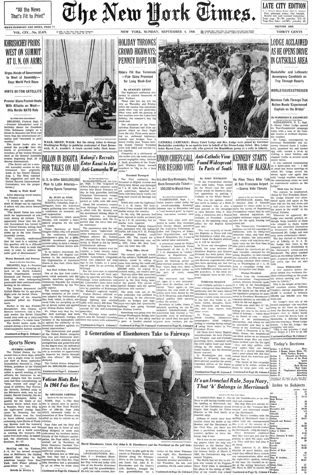 Sunday, September 4, 1960 – The New York Times Front Page