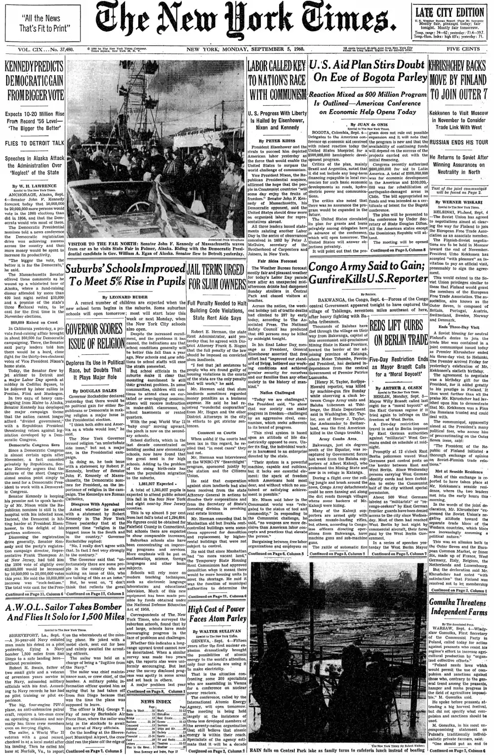 Monday, September 5, 1960 – The New York Times Front Page