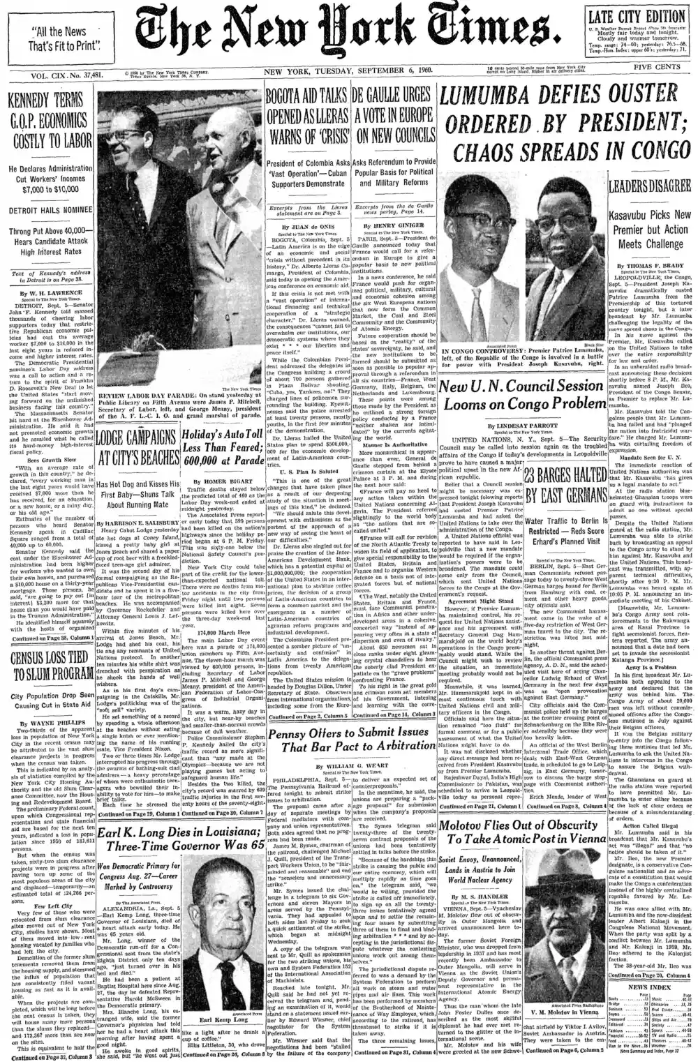Tuesday, September 6, 1960 – The New York Times Front Page
