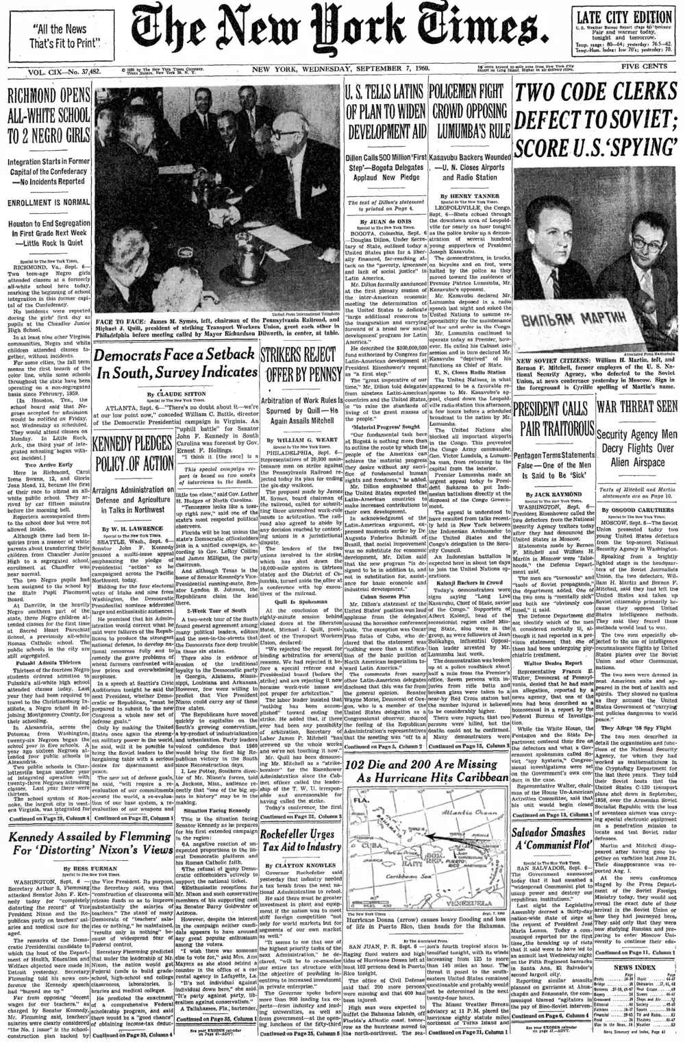 Wednesday, September 7, 1960 – The New York Times Front Page