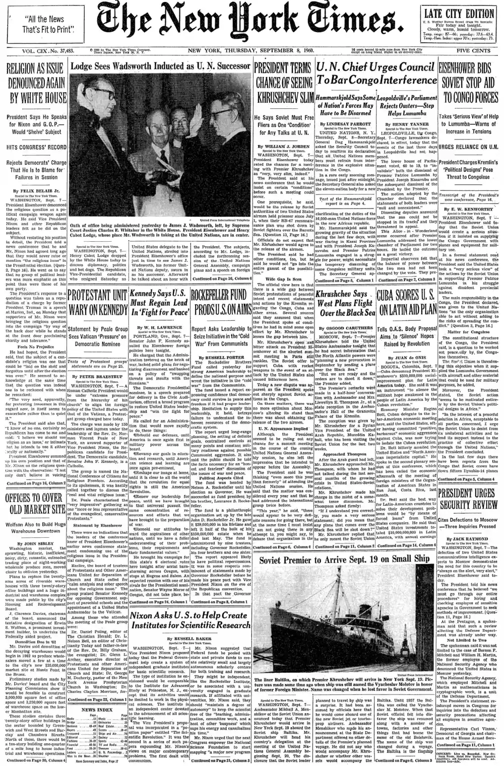 Thursday, September 8, 1960 – The New York Times Front Page