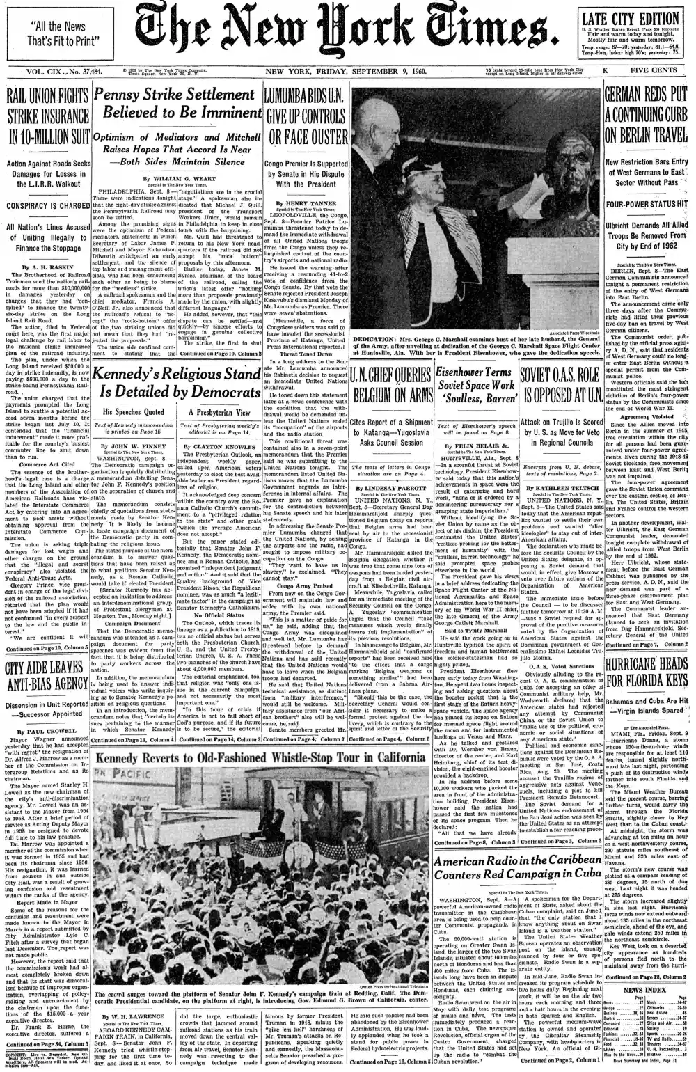 Friday, September 9, 1960 – The New York Times Front Page