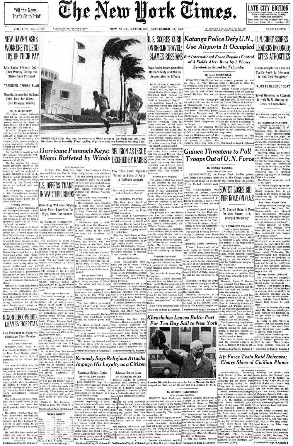 Saturday, September 10, 1960 – The New York Times Front Page