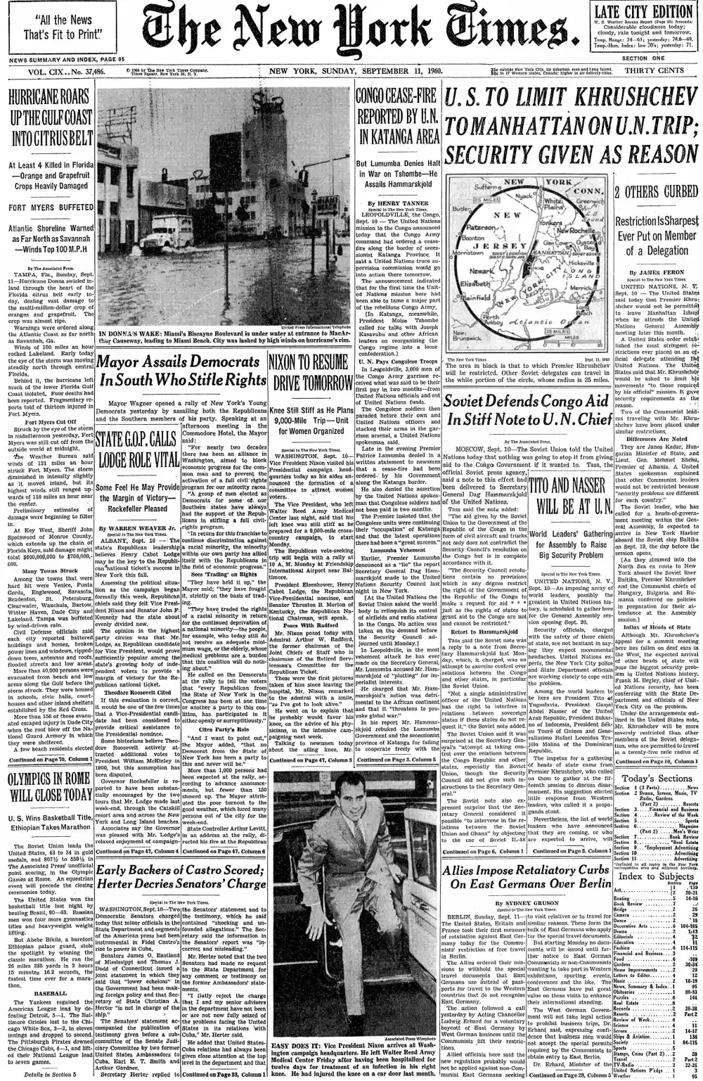 Sunday, September 11, 1960 – The New York Times Front Page