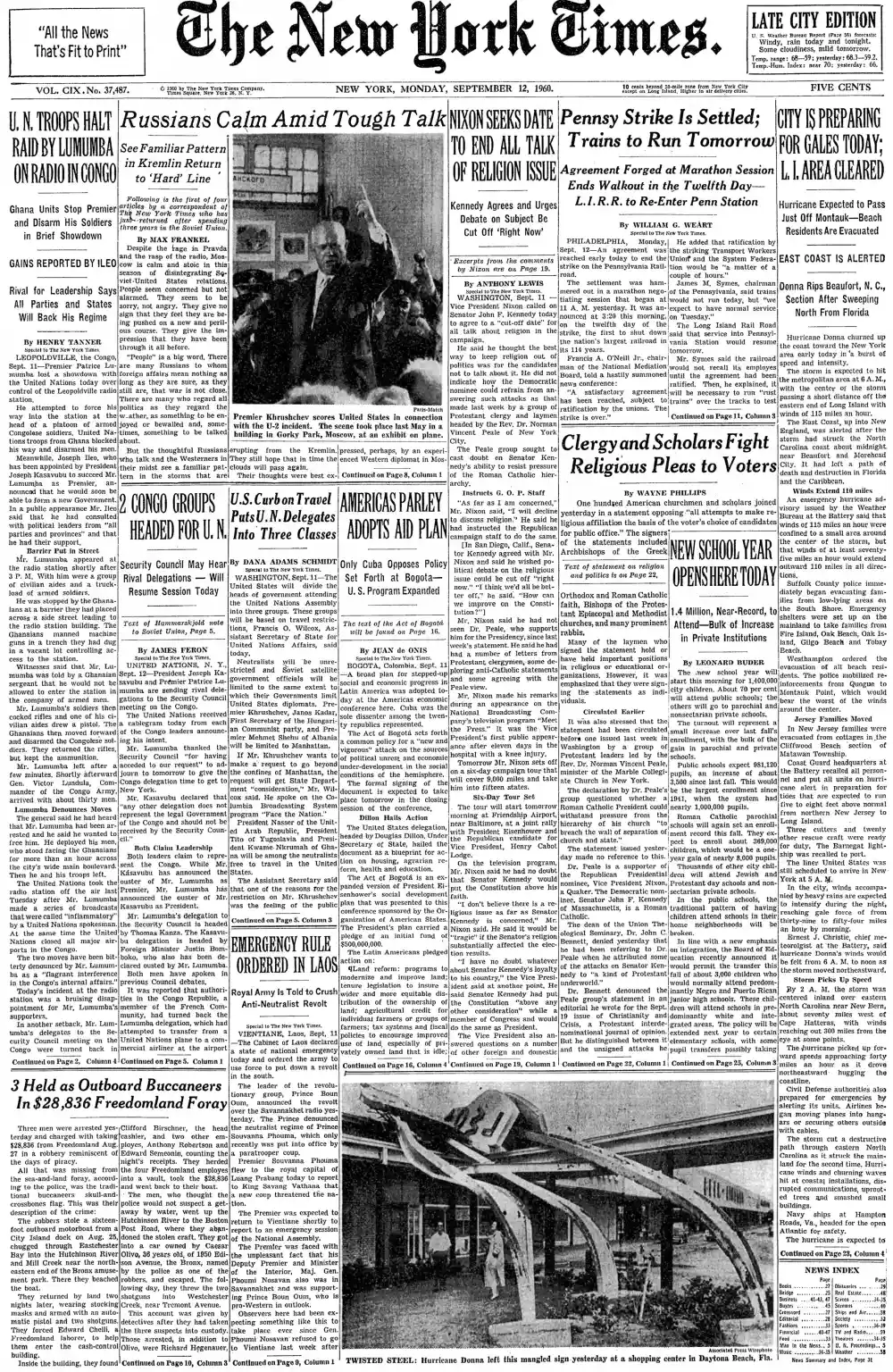 Monday, September 12, 1960 – The New York Times Front Page