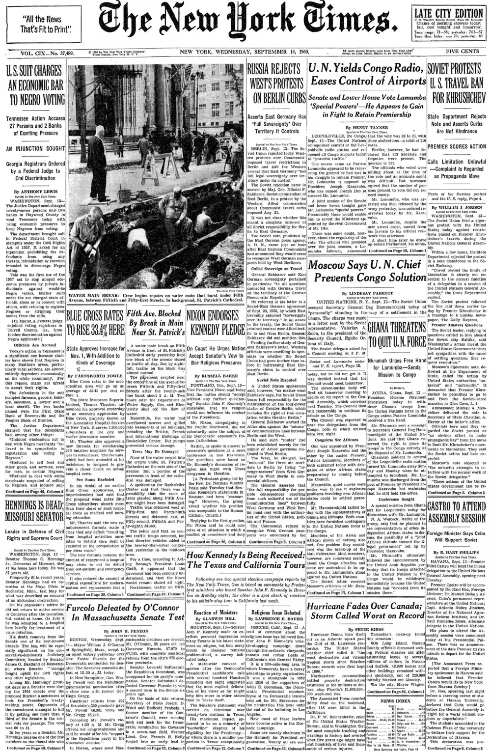Wednesday, September 14, 1960 – The New York Times Front Page