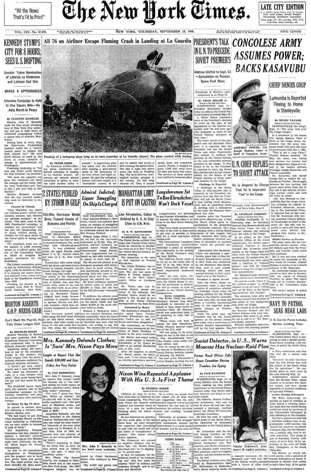 Thursday, September 15, 1960 – The New York Times Front Page