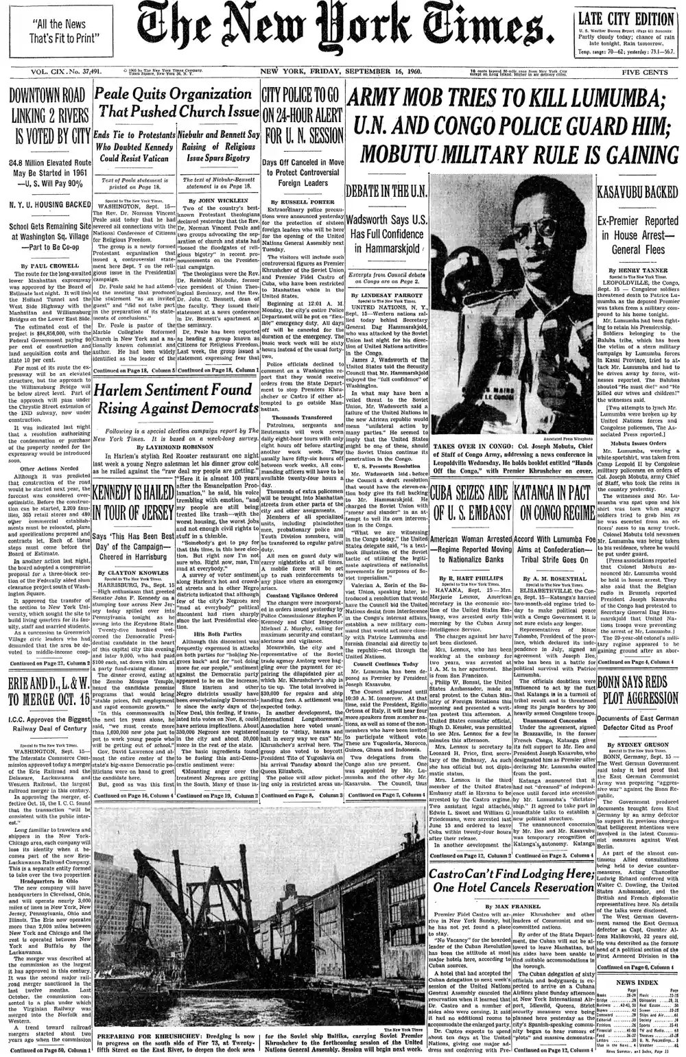 Friday, September 16, 1960 – The New York Times Front Page