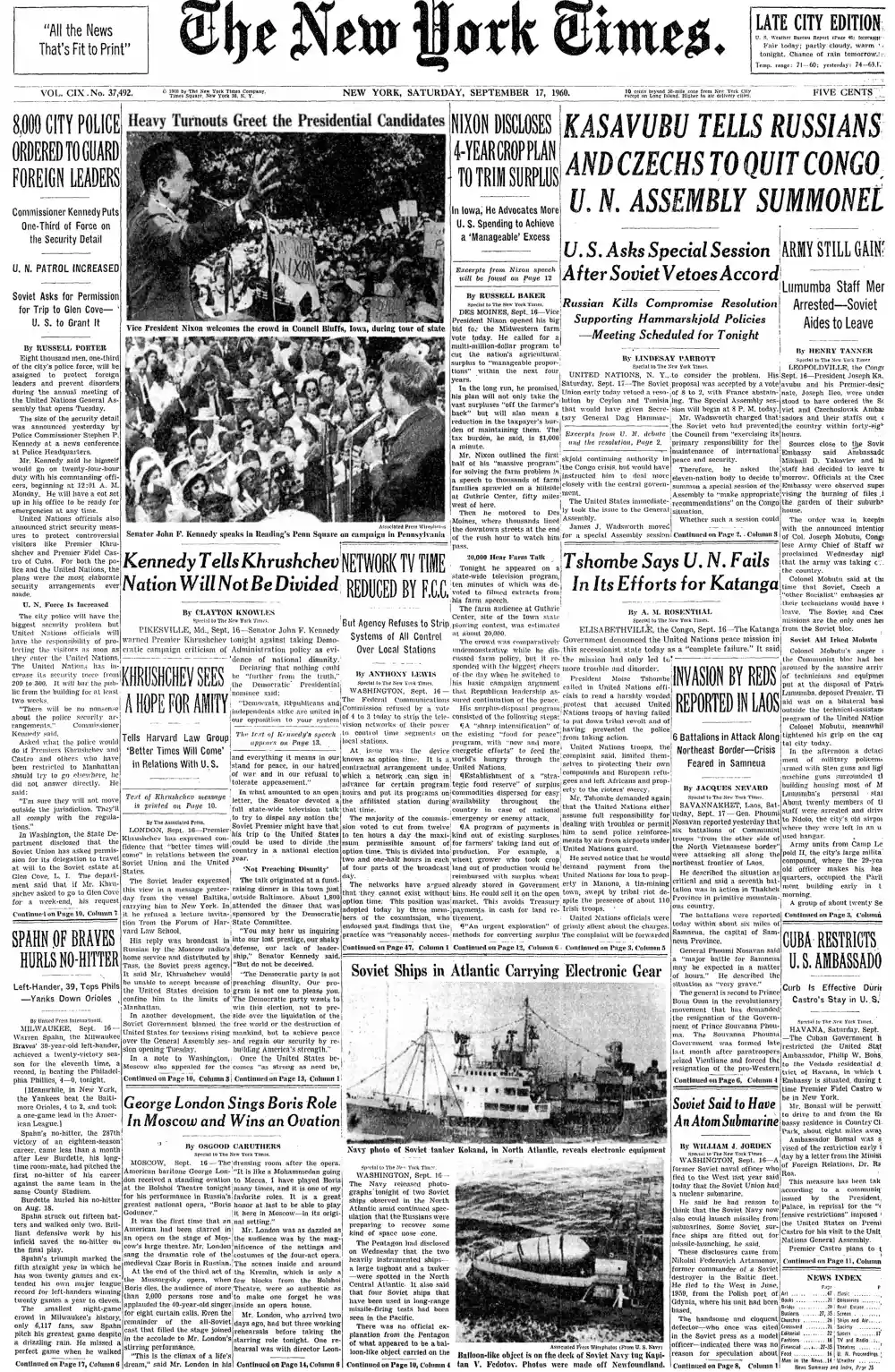 Saturday, September 17, 1960 – The New York Times Front Page