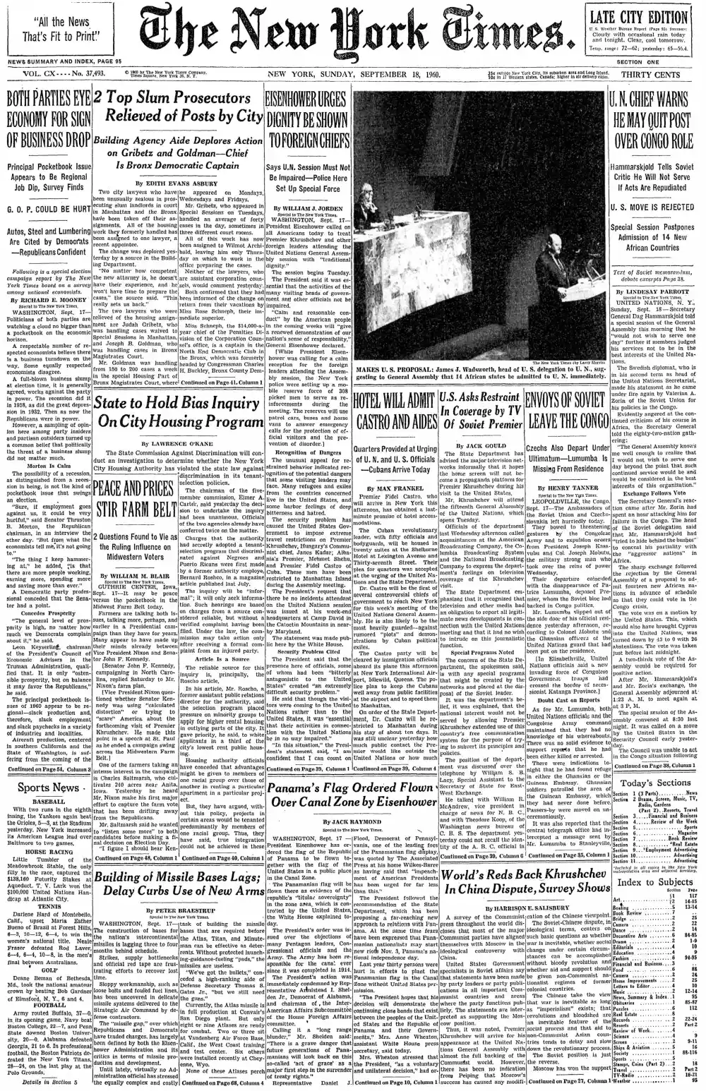 Sunday, September 18, 1960 – The New York Times Front Page