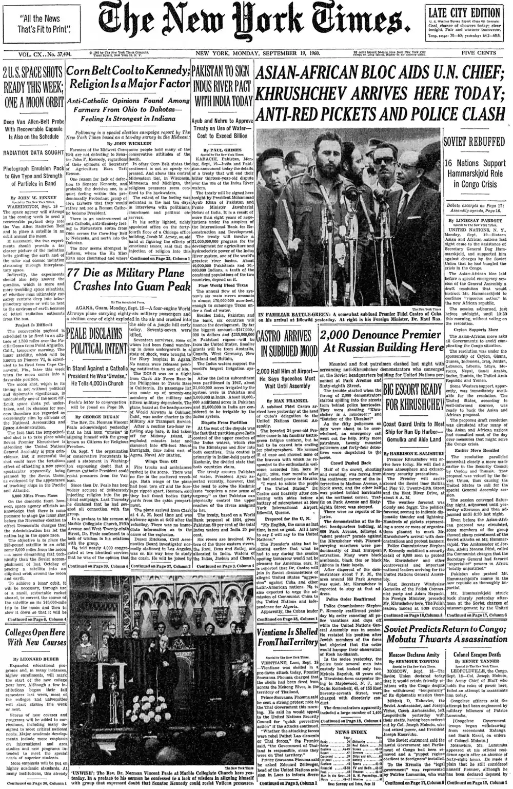 Monday, September 19, 1960 – The New York Times Front Page