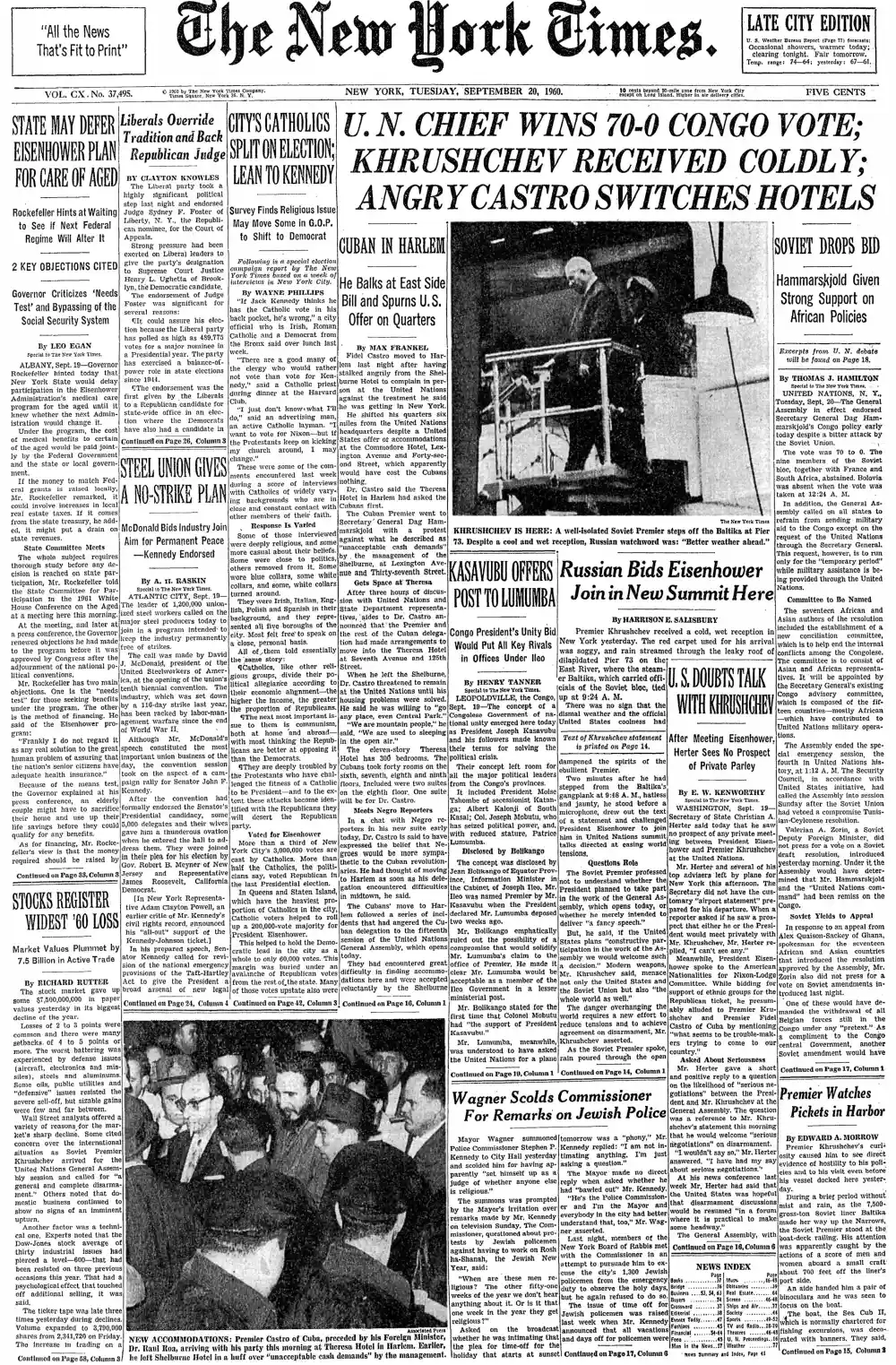 Tuesday, September 20, 1960 – The New York Times Front Page