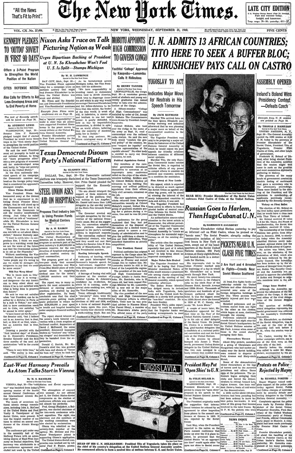 Wednesday, September 21, 1960 – The New York Times Front Page