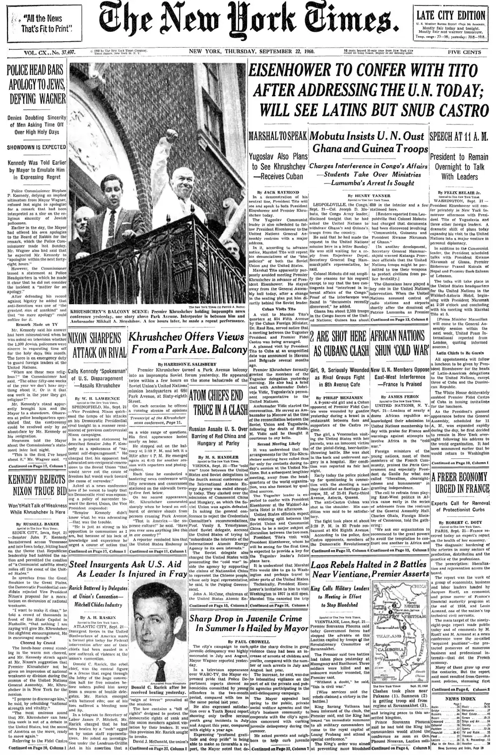 Thursday, September 22, 1960 – The New York Times Front Page