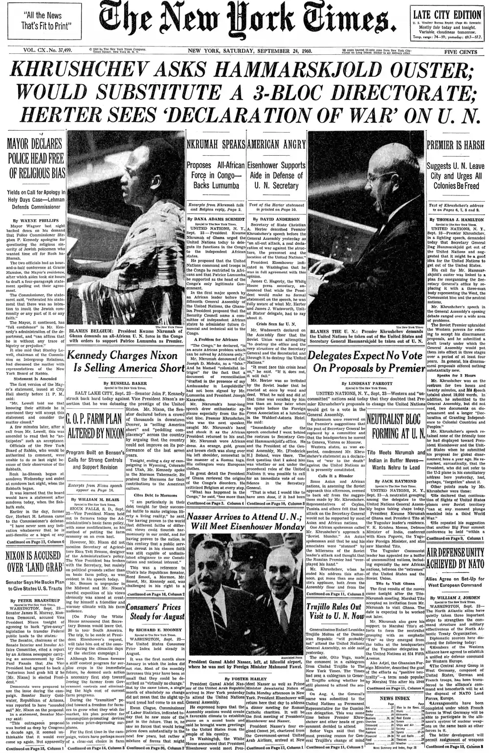 Saturday, September 24, 1960 – The New York Times Front Page
