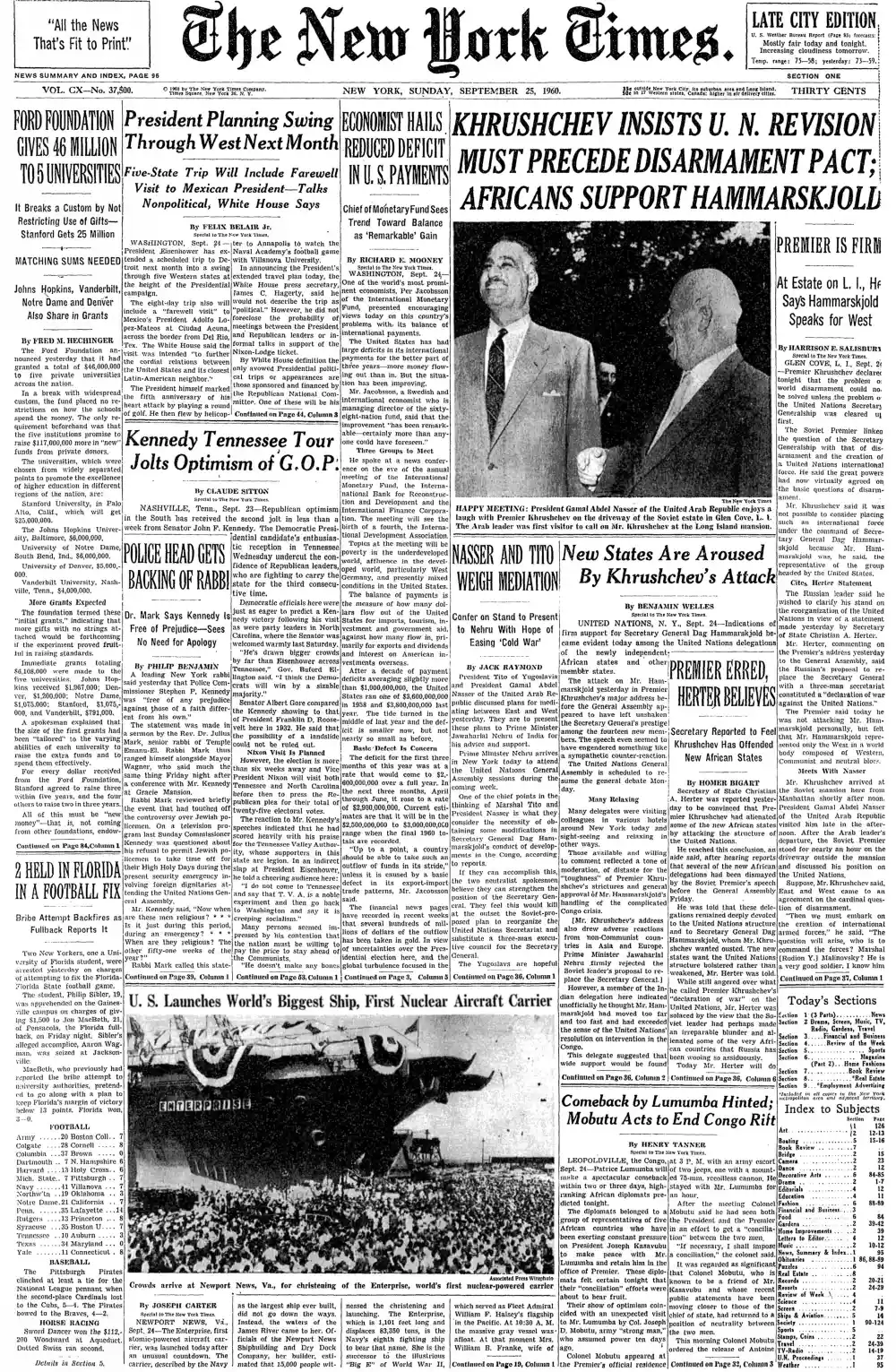 Sunday, September 25, 1960 – The New York Times Front Page