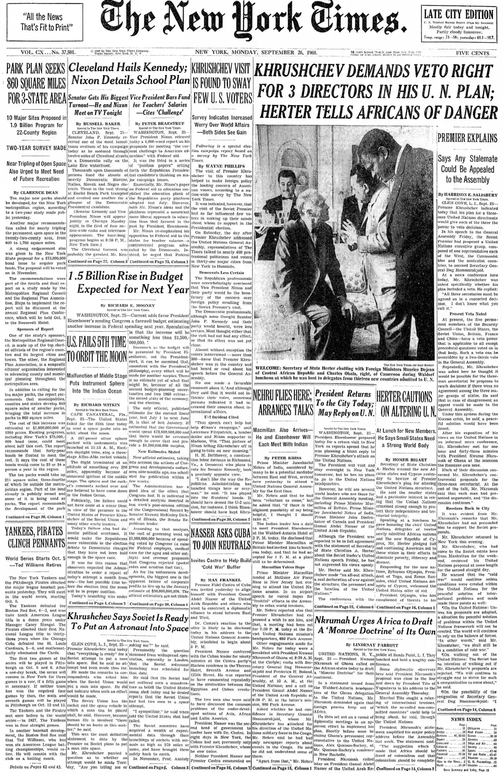 Monday, September 26, 1960 – The New York Times Front Page