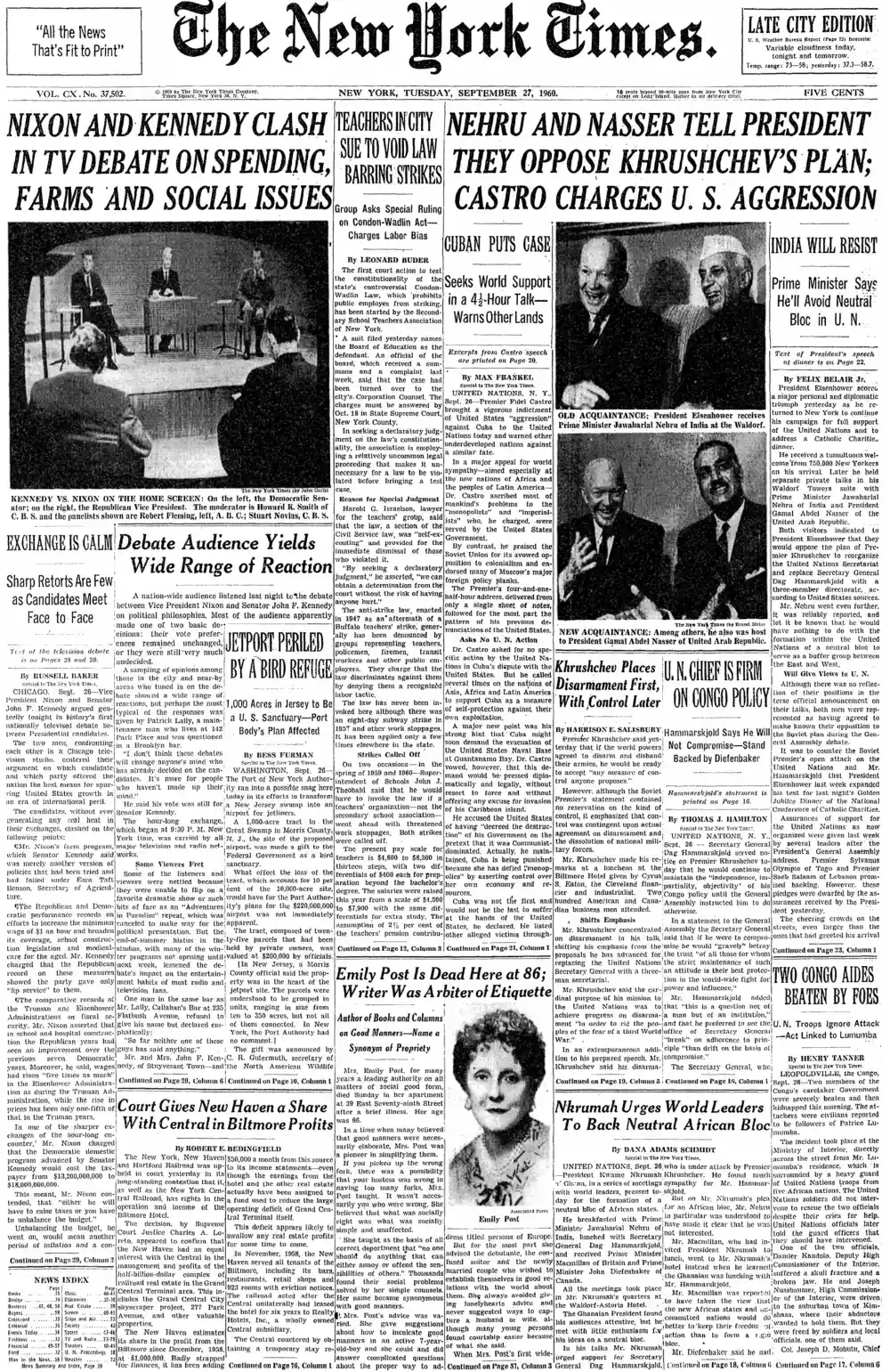 Tuesday, September 27, 1960 – The New York Times Front Page