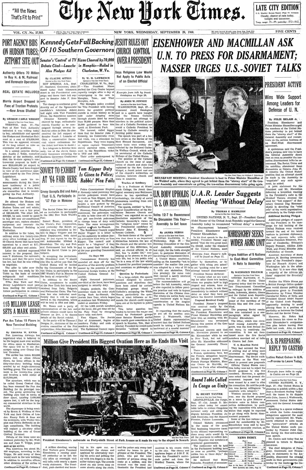Wednesday, September 28, 1960 – The New York Times Front Page