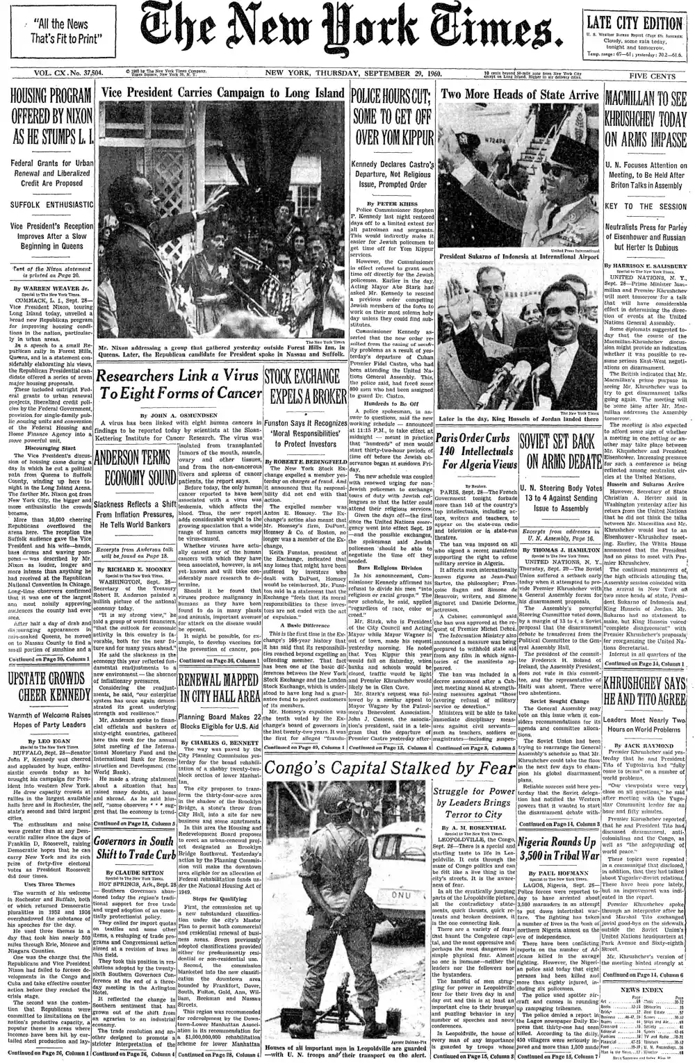 Thursday, September 29, 1960 – The New York Times Front Page