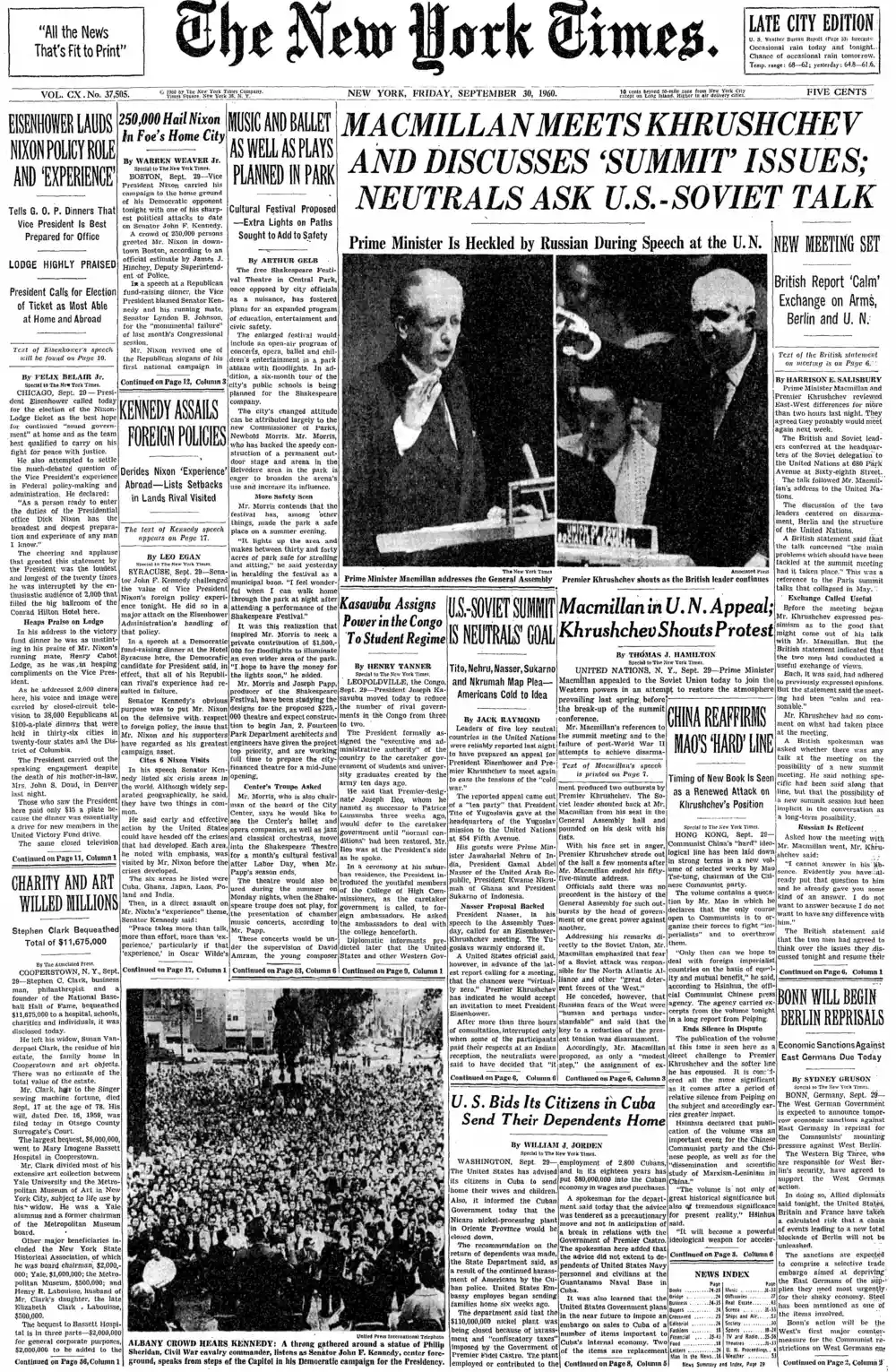 Friday, September 30, 1960 – The New York Times Front Page