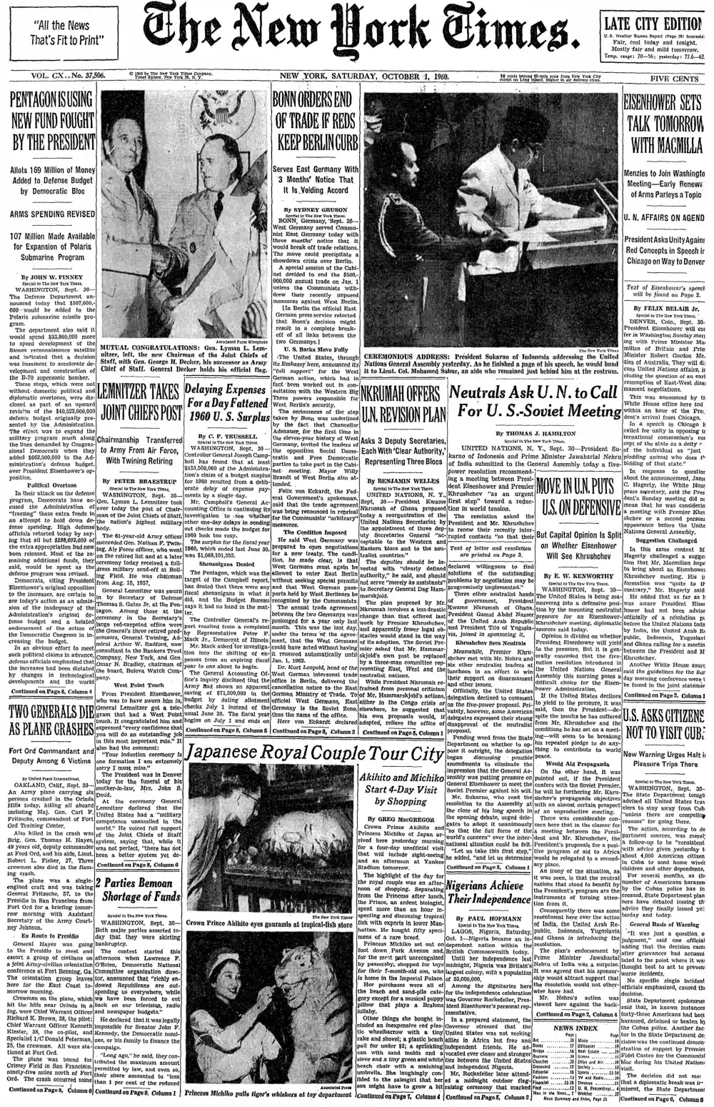 Saturday, October 1, 1960 – The New York Times Front Page